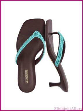 Beaded Kitten Heel Thong Sandals Square Toe Faux Suede Slip On Heels